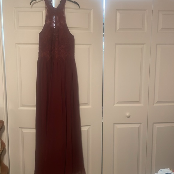 Halter top, floor length burgundy formal dress with buttoned back - Picture 2 of 5